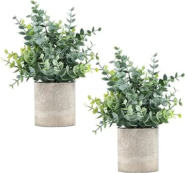 Coferset 2 Pack Small Fake Plants Eucalyptus Potted Artificial Plants for Shelf Desk Home Bathroom Farmhouse Room Coffee Table Decor (Sage Green)