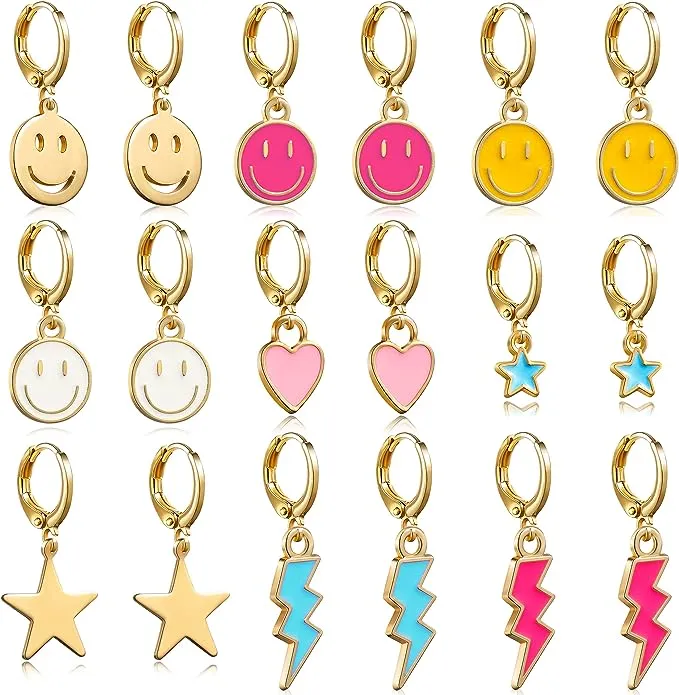 LieToi 9 Pairs Preppy Earrings Pack with Colorful Happy Smile Lightning Bolt Heart Star Charms Pendants Gold Small Huggie Hoop Dangle Earrings Trendy Y2K Preppy Jewelry Gifts for Teens Women