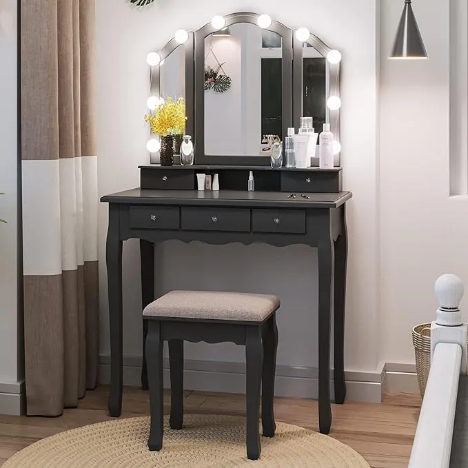 Tiptiper Vanity Table Set with Lighted Tri-Folding Mirror