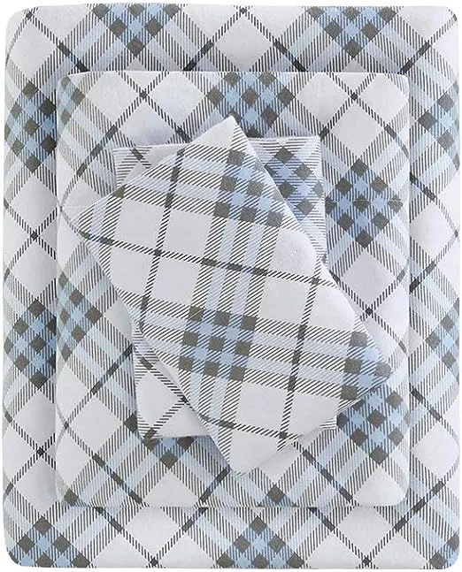 Comfort Classics Cozy Cotton Flannel Printed Blue Plaid 4-Piece Sheet Set, Queen