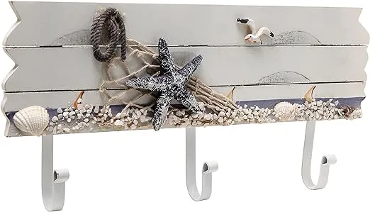 MyGift 13.4 Inch Wall Mounted Wood Nautical Theme Coat Rack with 3 Hooks and Decorative White Sand, Starfish, Seagull and Seashells Design