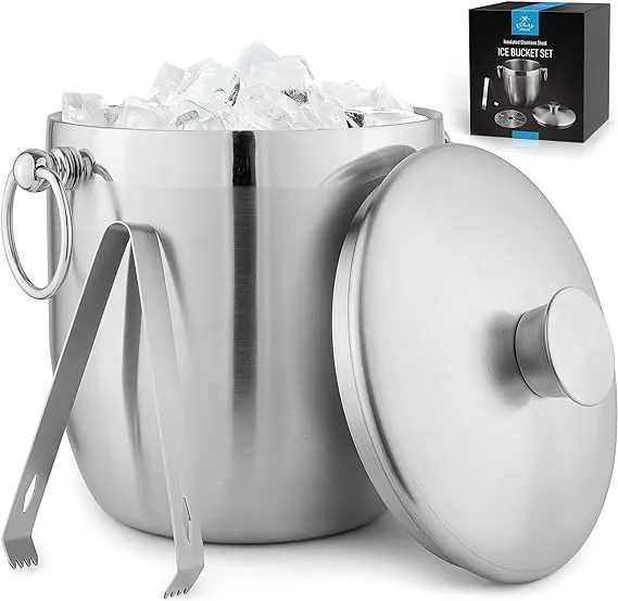 Zulay 3 Liter Double-Wall Insulated Ice Bucket For Cocktail Bar - Ice Buckets For Parties, Outdoor & Indoor - Stainless Steel Ice Bucket With Lid, Strainer & Tongs Included