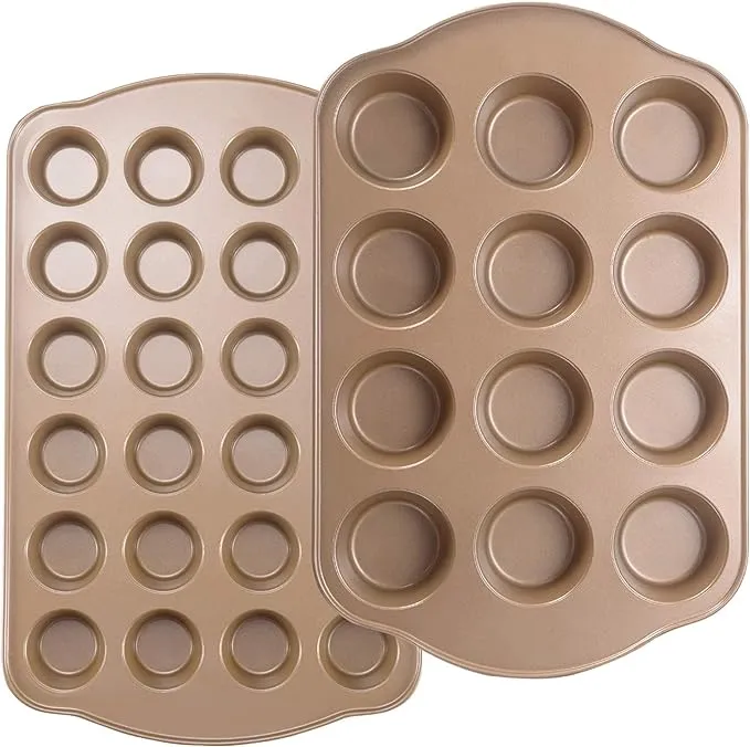 Joho Baking Nonstick Muffin Pan, Mini Cupcake Pan Set, Muffin Tins for Baking, 2 Pack, 12-Cup and 24-Cup, Gold