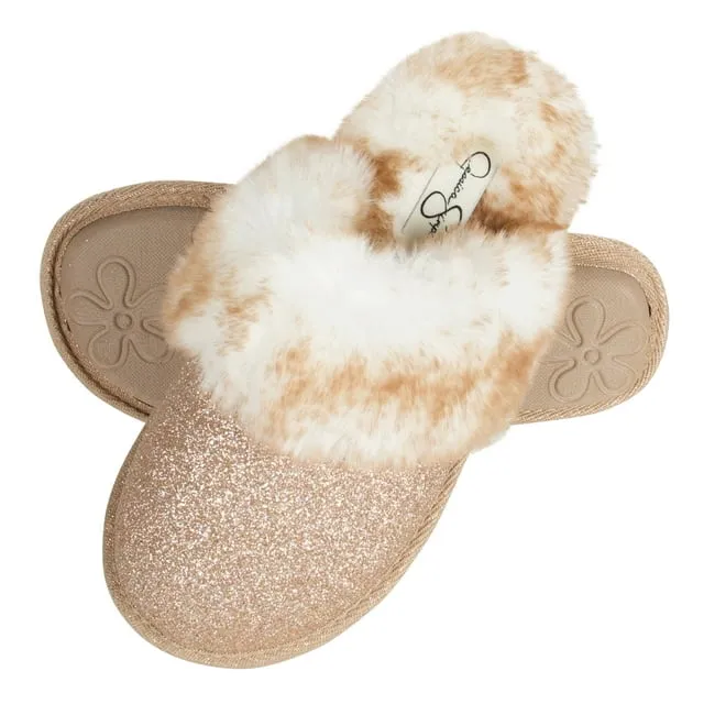 Jessica Simpson Unisex-Child Plush Faux Fur Slip on House Slippers with Memory Foam