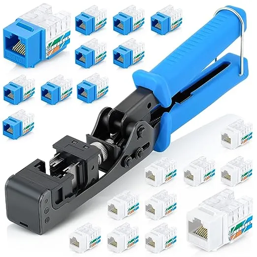 Everest Media Solutions easyJACK - 90° Angled Speed Termination Tool - with 10 Blue & 10 White Cat6 Keystone Jacks - Additional Jacks are available - (B087N7QQD2)