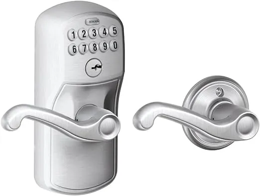 SCHLAGE FE575 PLY 626 FLA Plymouth Keypad Entry with Auto-Lock and Flair Levers, Brushed Chrome