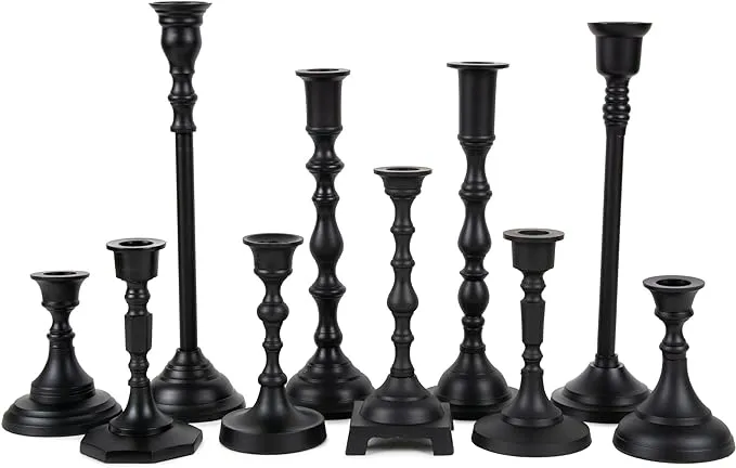 Koyal Wholesale Matte Black Mixed Taper Holders, Set of 10, Mismatched Candlesticks Set, Bohemian Decorative