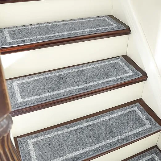 COSY HOMEER Soft Stair Treads Non-Slip Carpet Mat 28inX9in Indoor Stair Runners for Wooden Steps,Stair Rugs for Kids and Dogs, 100% Polyester TPE Backing 4pcs,Grey,Square