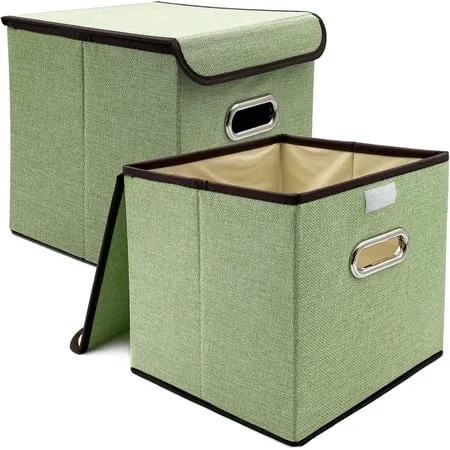 Fabric Storage Bins with Lids for Shelves 2 Pack Cube Storage Baskets for Living Room Closet Organizers for Shelves Foldable for Clothes Toys Green