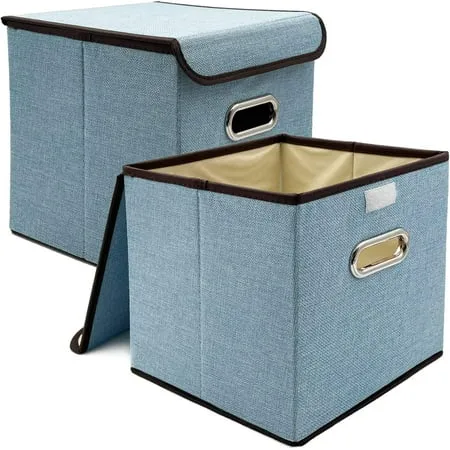 Fabric Storage Bins with Lids for Shelves 2 Pack Cube Storage Baskets for Living Room Closet Organizers for Shelves Foldable for Clothes Toys Blue