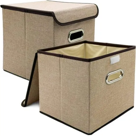 Fabric Storage Bins with Lids for Shelves 2 Pack Cube Storage Baskets for Living Room Closet Organizers for Shelves Foldable for Clothes Toys Khaki