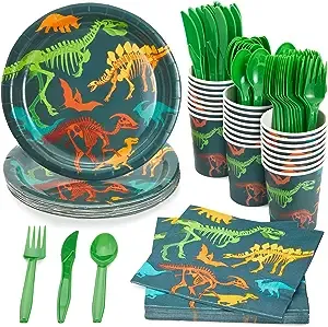 Juvale 144-Piece Dinosaur Birthday Party Supplies with Paper Plates, Napkins, Cups and Cutlery for Dino Party Decorations (Serves 24)