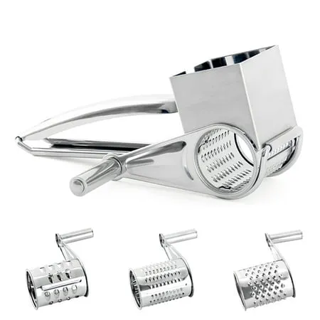 Stainless Steel Manual Rotary Cheese Grater Slicer Multi-Purpose Cheeses Carrots Cucumbers Cutter Shredder with 3 Interchanging Drums