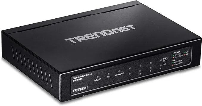 TRENDnet 6-Port Gigabit Poe+ Switch, TPE-TG611, 4 X Gigabit Poe+ Ports, 1 X Gigabit Port, 1 X SFP Slot, Supports 100/1000Base-FX Fiber SFP Modules, Ethernet Desktop Network Switch