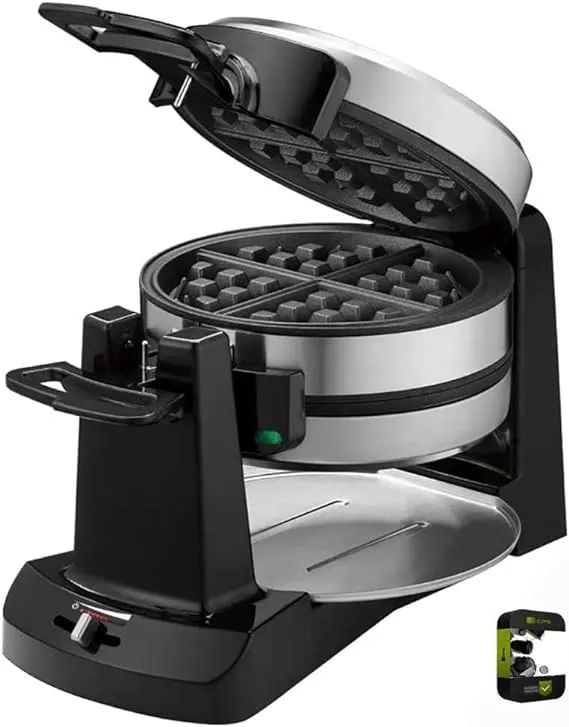 Cuisinart WAF-F40 Double Flip Belgian Waffle Maker Black/Stainless Bundle with 1 Yr CPS Enhanced Protection Pack