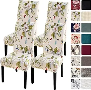 SearchI Waterproof Dining Room Chair Covers Set of 4, Stretch Printed Parsons Chair Slipcovers Removable Washable Kitchen Chair Protector Cover for Dining Room, Hotel, Banquet(Beige+Flower)