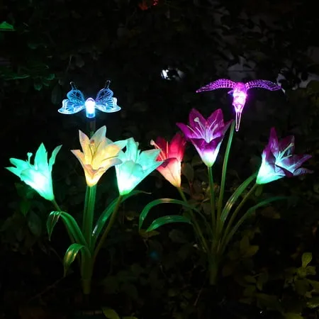 Outdoor Solar Garden Lights 2 Pack Solar Powered Lights with Lily Flower Hummingbird and Butterfly Multi-Color Changing LED Solar Decorative Lights for Garden Patio Backyard