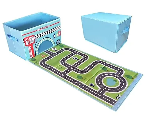 EMBRACE PLAY Toy storage box with car rug play mat - Toy box for boys and girls - 2 in 1 collapsible toy car storage- toyboxes for children - toy boxes for kids (BLUE)EMBRACE PLAY Toy storage box with car rug play mat - T…