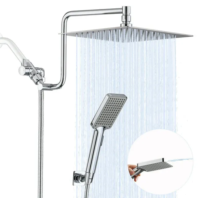 10" High Pressure Rainfall Shower Head with Handheld Combo, Upgrade 12" Extension Arm Height Adjustable, Powerful Stainless Steel Shower Head, Brass Shower Holder Extra Long Shower Hose, Chrome