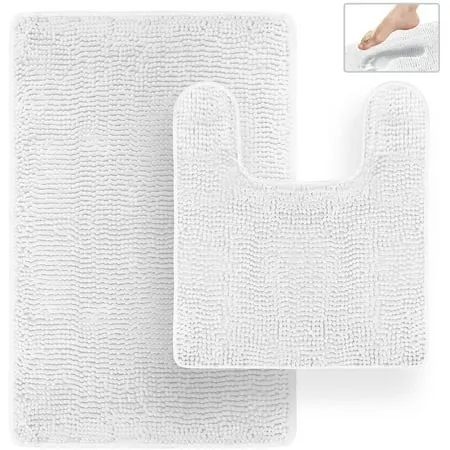 Tafts THIQQ Memory Foam Bathroom Rugs and Mats Sets Ultra Soft Chenille Microfiber Absorbent Non-Slip Machine Washable Shaggy Rugs Bath Mat for Bathroom Shower & Tub Cool White