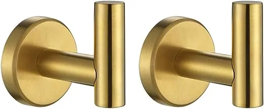 JQK Bathroom Towel Hook Brushed Gold, Brass Coat Robe Clothes Hook for Bathroom Kitchen Garage Wall Mounted (Pack of 2), SUS 304 Stainless Steel 0.8mm, TH100-BG-P2