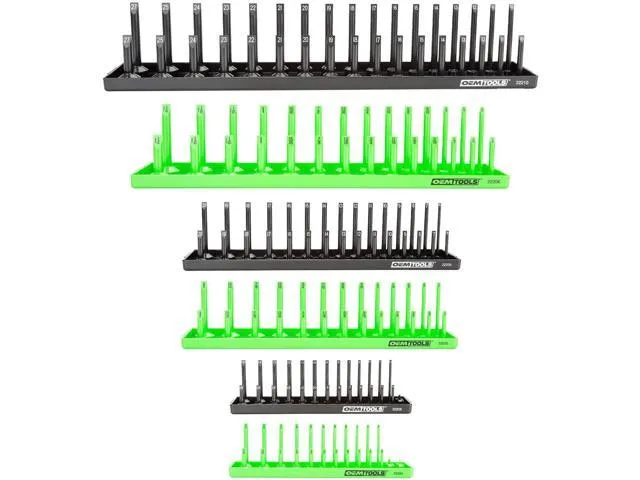 OEMTOOLS 22233 6 Piece SAE and Metric Socket Tray Set (Black and Green), 1/4', 3/8', and 1/2' Drive Socket Holders Organizers for Tool Box