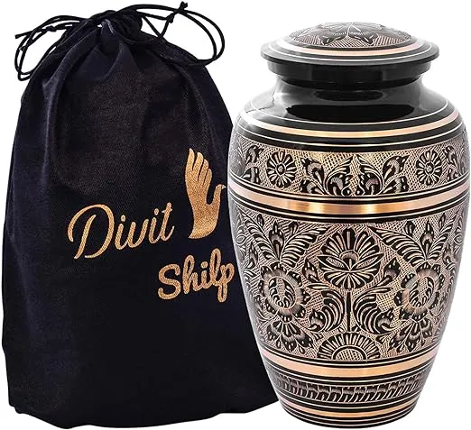 Cremation Urn for Human Ashes with Satin Bag, for Adults Up to 200 lbs | Large Handcrafted Funeral Urns by Divit Shilp (Black Art, Adult)