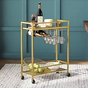 MAHANCRIS Gold Bar Cart, Serving Cart for Home, Beverage Cart with Wine Rack and Glass Holder, 2-Tier Drink Cart On Wheels, Rolling Kichen Cart for