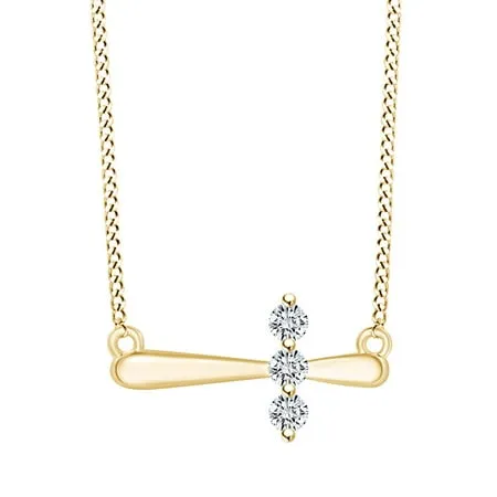 1/10 Carat CT White Natural Diamond Three Stone Sideways Cross Pendant Necklace 14k Yellow Gold Plated Sterling Silver 18 Chain (I-J Color I2-I3 Clarity 0.10 Cttw)