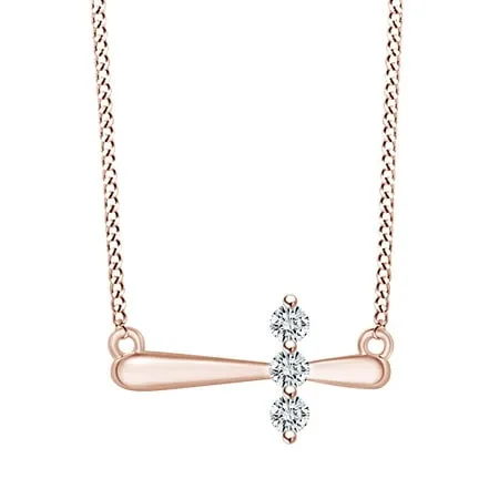 1/10 Carat CT White Natural Diamond Three Stone Sideways Cross Pendant Necklace 14k Rose Gold Plated Sterling Silver 18 Chain (I-J Color I2-I3 Clarity 0.10 Cttw)