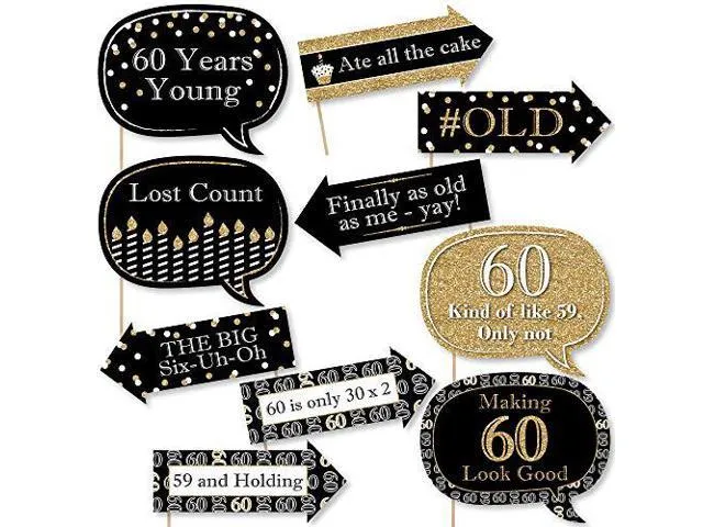 Big Dot of Happiness Funny Adult 60th Birthday - Gold - Birthday Party Photo Booth Props Kit - 10 Piece