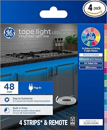 GE LED Tape Light Color Changing Plug-In Light Fixture with Remote, No App or Wi-Fi Required, 12in (4 Pack)