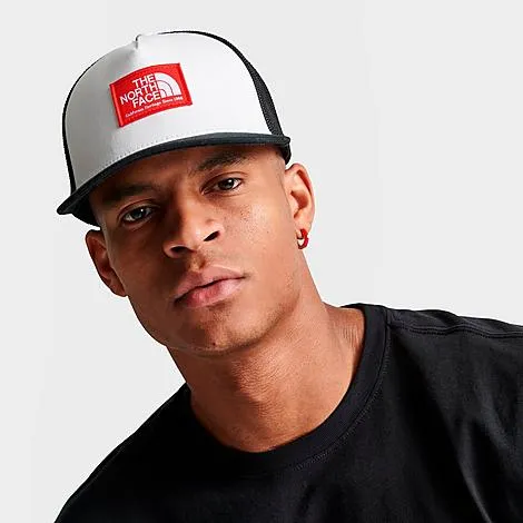 The North Face keep it patched trucker hat in black and white with red detail