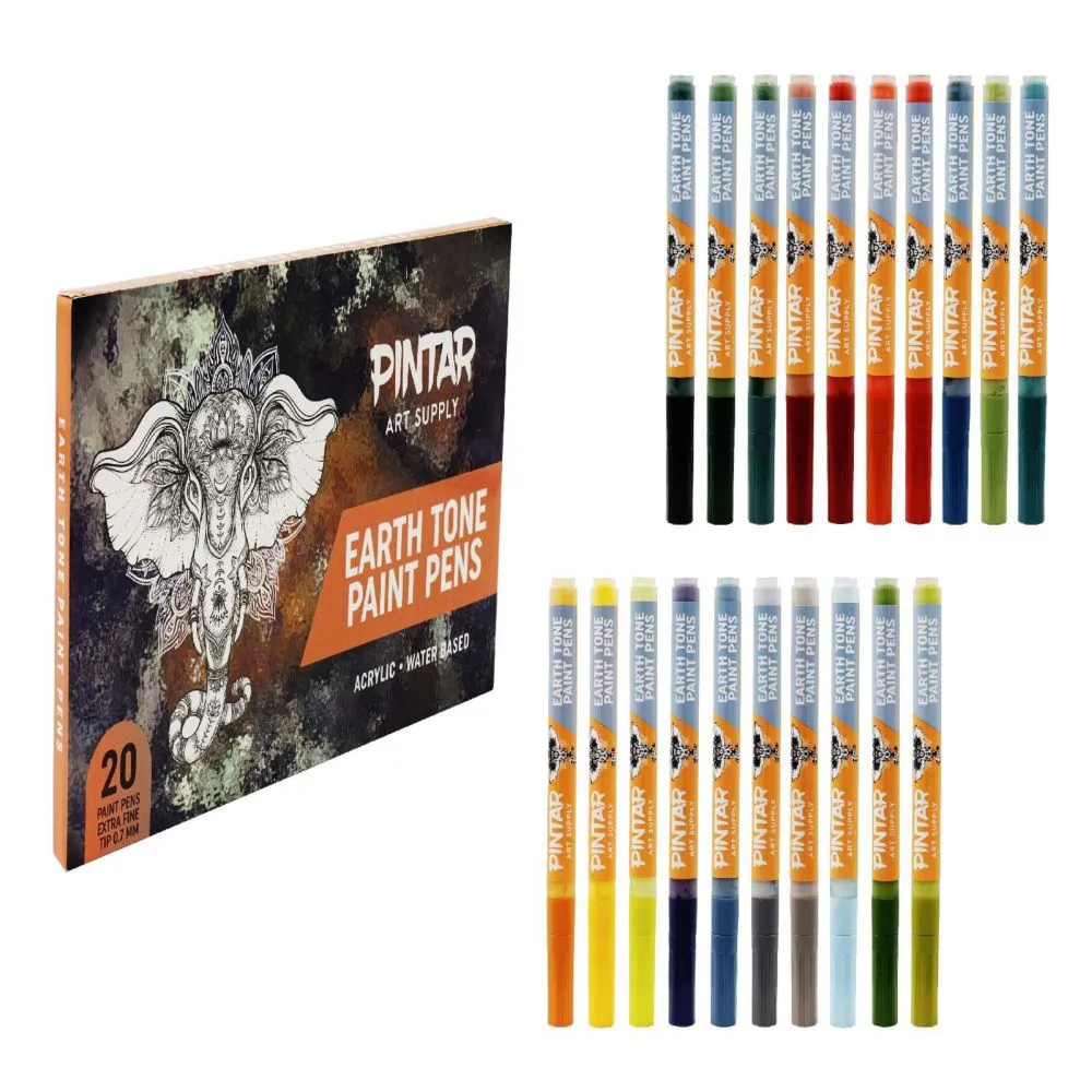 Pintar Earth Tone Color 20 Pack Paint Pens Acrylic Paint Pen Set with Extra Fine 0.7mm Tip, Use on Rocks, Canvas, Glass, Ceramic