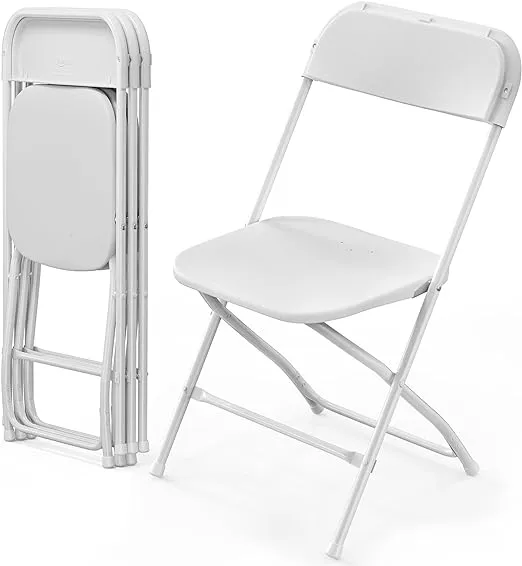 VINGLI 4 Pack White Plastic Folding Chair, Indoor Outdoor Portable Stackable Commercial Seat with Steel Frame 350lb. Capacity for Events Office Wedding Party Picnic Kitchen Dining