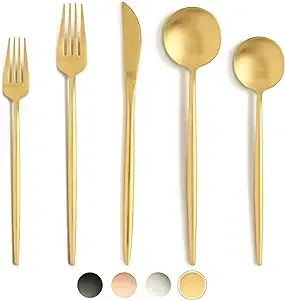 birdyfly Gold Silverware Set, 20 Piece Stainless Steel Flatware Set Service for 4, Matte Gold Cutlery Set, Include knives/for