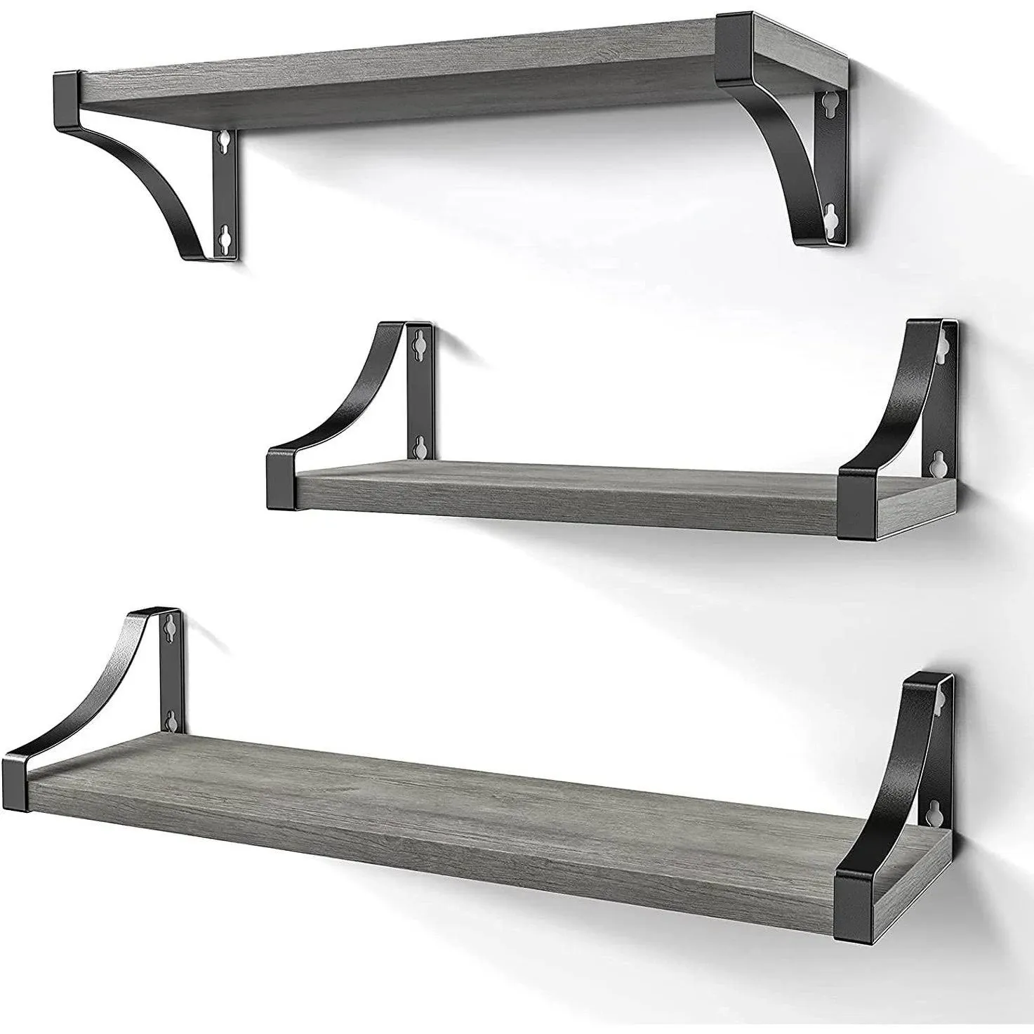 AMADA HOMEFURNISHING Floating Shelves Set of 3 with Heavy Duty Metal Frame, Hold up to 55lbs, Rustic Wood Wall Shelves for Bedroom, Bathroom, Living Room, Kitchen, Storage & Decoration, Gray