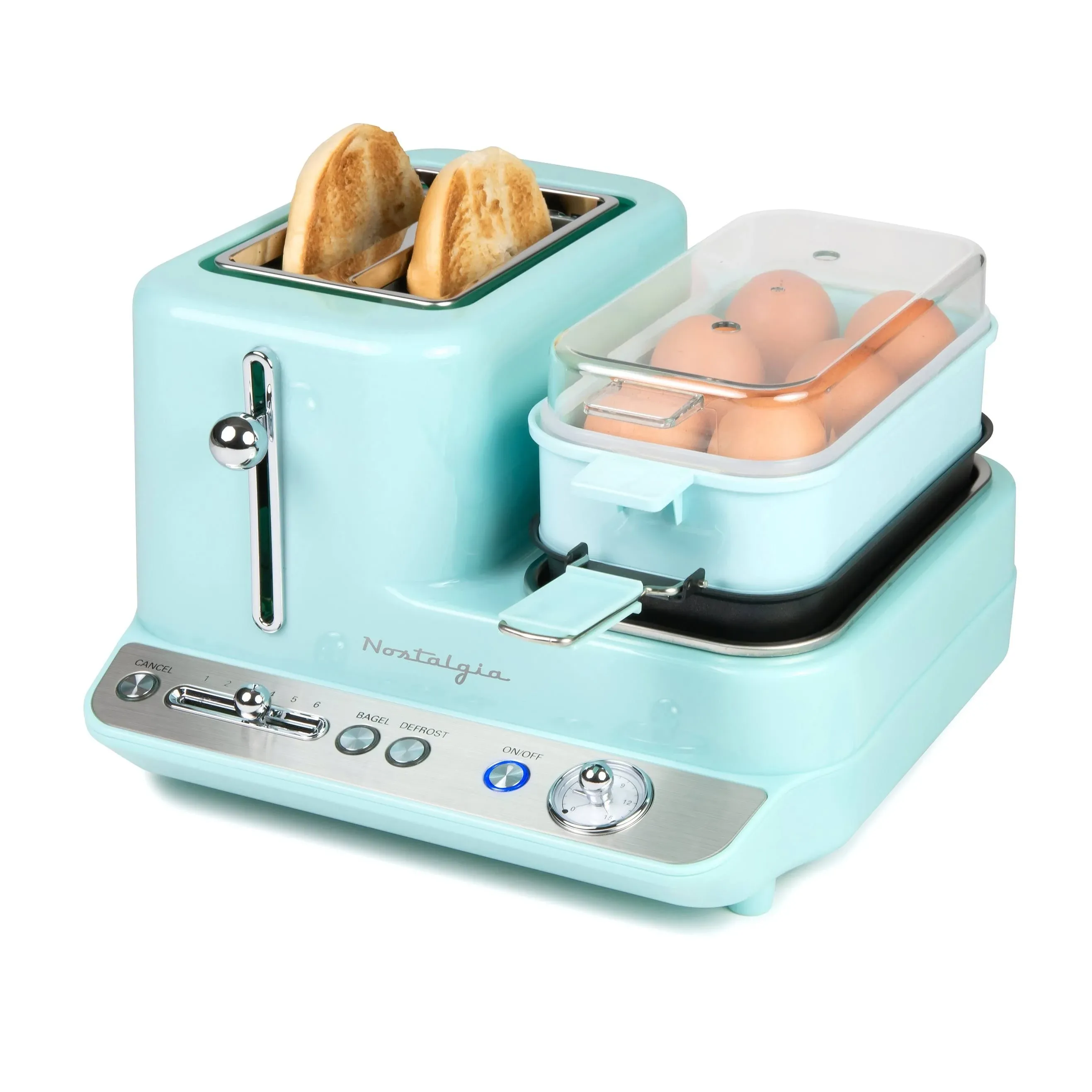 Nostalgia Classic Retro 3-in-1 Breakfast Station - Includes Egg and Veggie Steamer, Non-Stick Griddle, and Wide 2-Slot Toaster - Versatile Breakfast Maker Cooking Station with Toasting Control