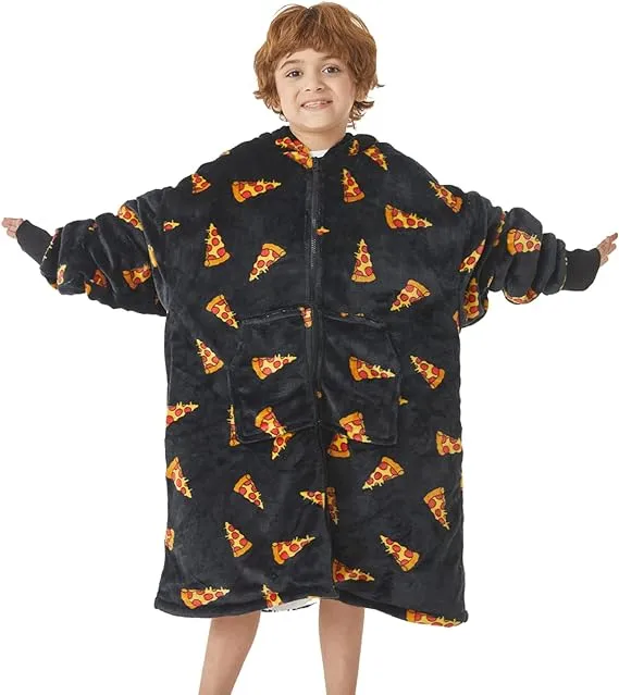 JOYWOO Kids Wearable Blanket Hoodie, Pizza Oversized Sherpa Hooded Blanket Birthday Christmas Gifts for Girl Boy, Cozy Sweatshirt Blanket with Giant Pocket and Zipper