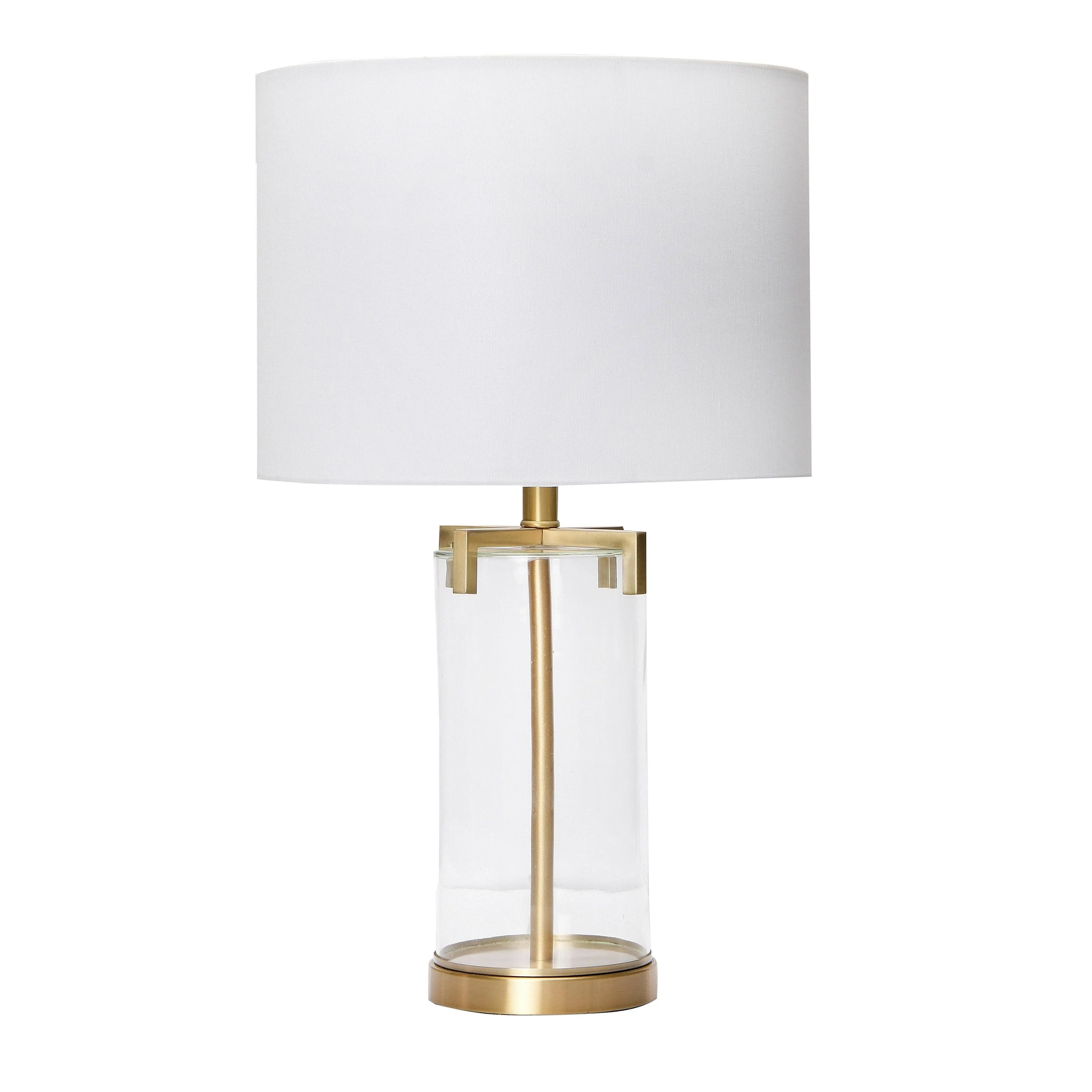 Glass & Metal Brushed Gold Lamp with White Linen Shade