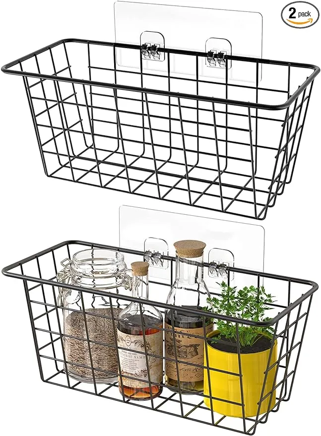 MaraFansie Hanging Kitchen Baskets Wire Storage Basket Over The Cabinet Door Organizer, No Drilling Adhesive Basket for Cabinet Pantry Organization