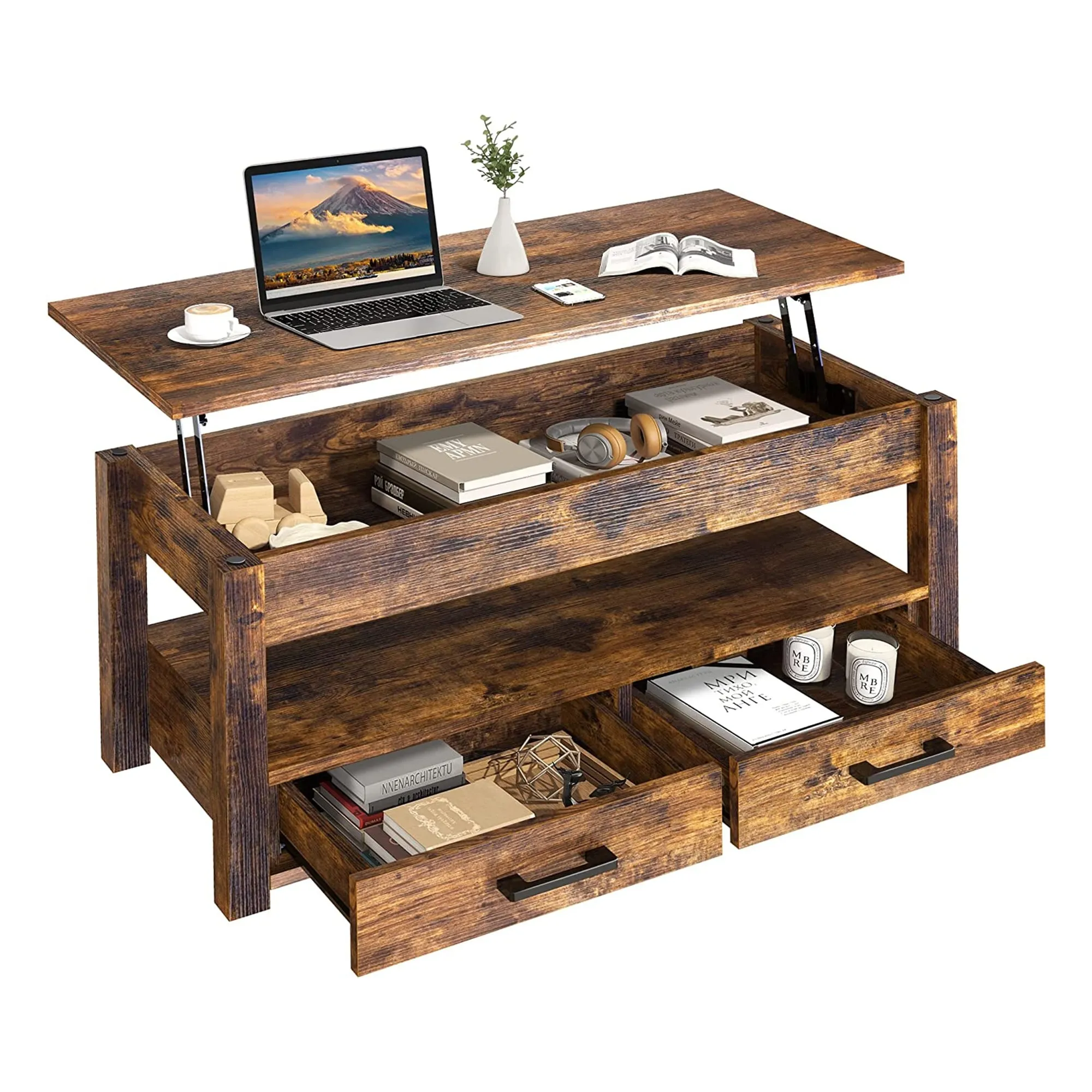 FABATO 23 Inch Lift Top Rustic Open Storage Coffee Table with 2 Drawers, Brown - 21.5