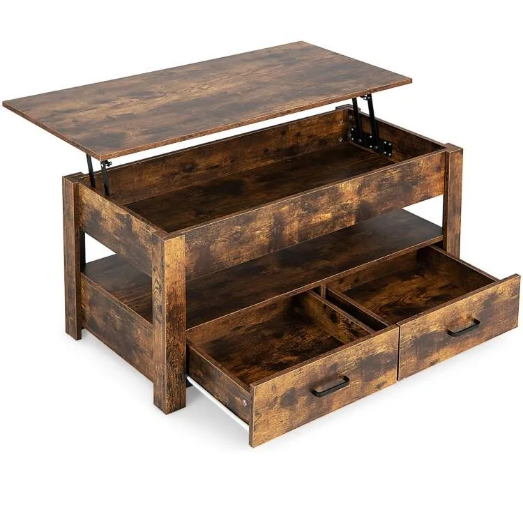 Lift Top Coffee Table with 2 Storage Drawers and Hidden Compartment-Rustic Brown - 42" x 20" x 19"