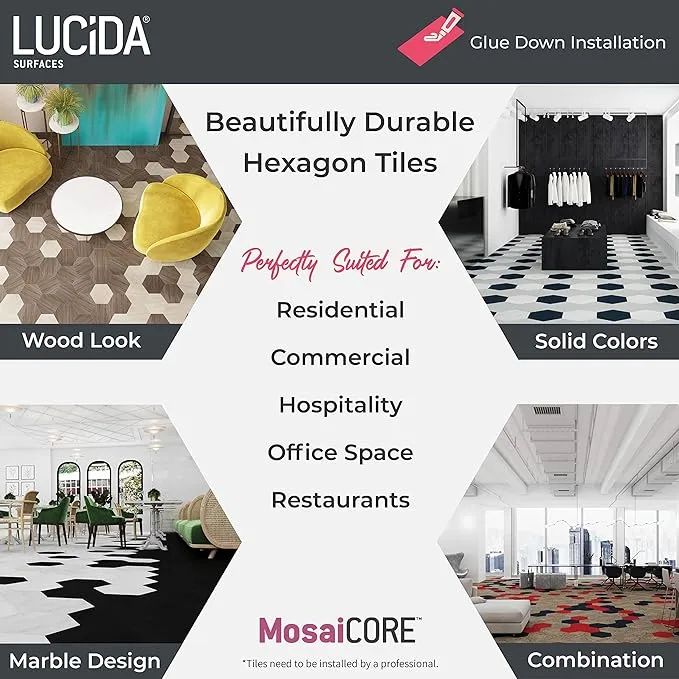 LUCIDA SURFACES, MosaiCore Noir Hexagon 8.8 in. x10.375 in. 3mm 28MIL Glue Down Luxury Vinyl Tiles (12.25 sq.ft), 25PK