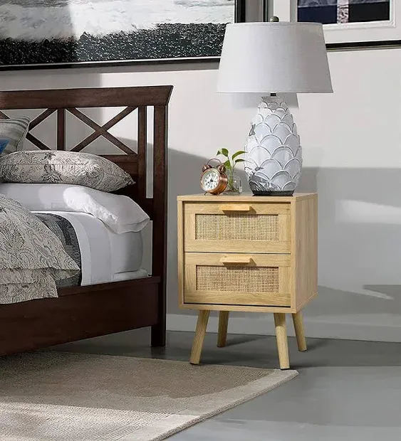 Finnhomy Nightstands Set of 2, End Table, Nightstand, Side Table with Hand Made Rattan Decorated Drawers, Wood Accent Table with Storage for Bedroom, Natural