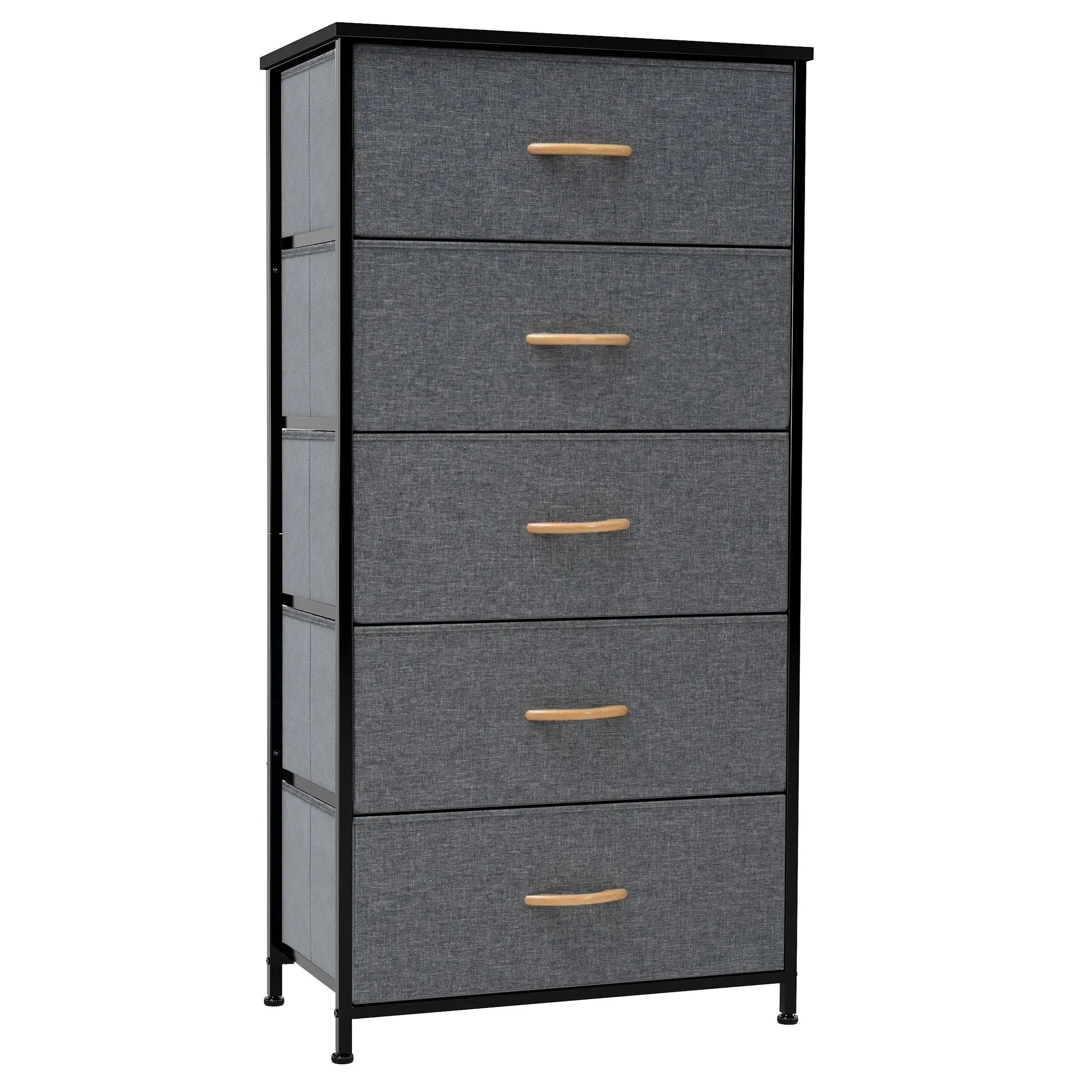 Crestlive Products Vertical Dresser Storage Tower - Sturdy Steel Frame, Wood Top, Easy Pull Fabric Bins - Organizer Unit for Bedroom, Hallway, Entryway, Closets - 5 Drawers(Black & Gray)