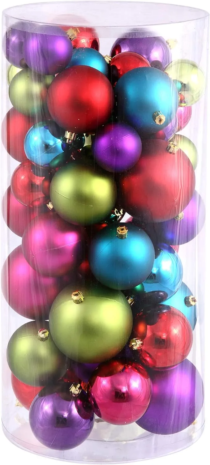 Vickerman Multi-Colored Ornament Ball Set Shiny and Matte Finish, Includes 50 Per Box, 1.5 to 2-Inch Variety - Ready to Hang - Variety of Finishes