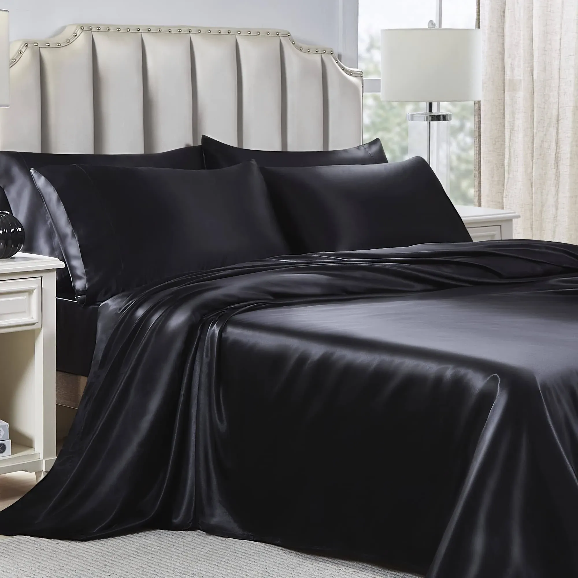 Satin Sheets King 6 Pc - Satin Bed Sheets, Black Satin Sheets, Satin Sheet Set, Satin King Sheets Set, King Satin Sheets, King Size Sheets, Sheets For King Size Bed Sets, Black Sheets, King Bed Sheets