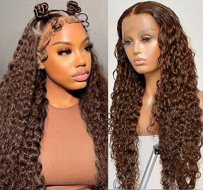 Chocolate Brown Deep Wave Transparent Lace Front Wigs Wet Wavy Human Hair 13x4 Ear To Ear Lace Frontal Wigs Brazilian 4# Deep Curly Wig for Women Pre Plucked with Baby Hair 150% Density (20 Inch, Chocolate Brown 13x4 Deep Wave)