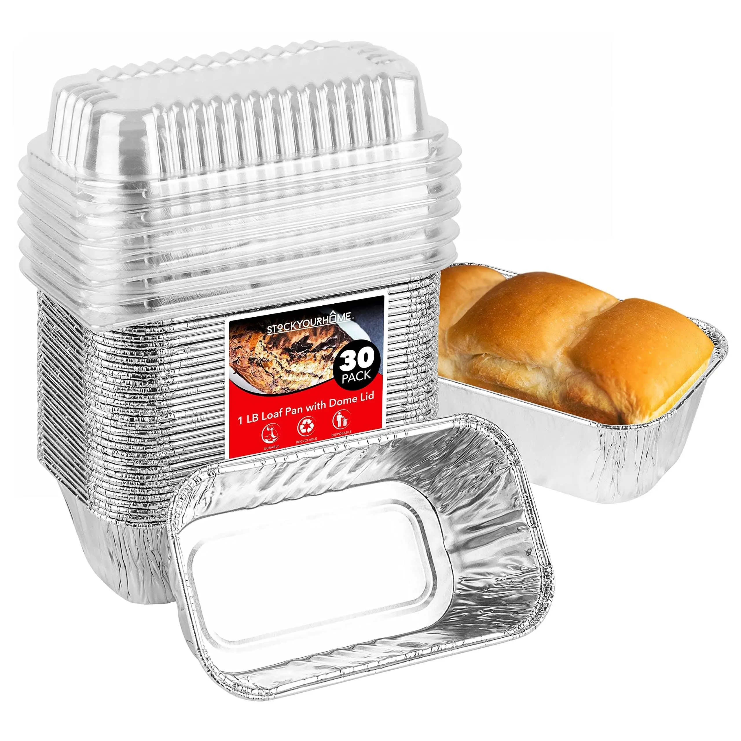 Disposable Aluminum Mini Loaf Pans with Lids, 1 lb (30 Pack) Foil Baking Tins with Plastic Dome Lid, Tin Pans for Cake, Bread, Holiday Baked Goods Packaging - Stock Your Home